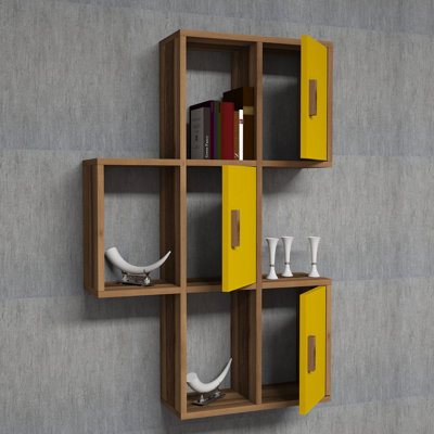Tablette murale moderne, noyer et jaune, 19,7 po x 44,4 po x 7,9 po | 100% panneau de particules enduit de mélamine, épaisseur: 0,7 pouce | Nombreuses tablettes, conception à fixation murale | Parfait pour les solutions de décoration et de rangement, élégant et fonctionnel