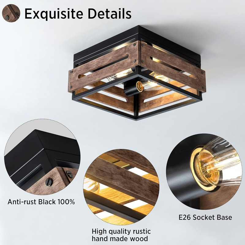 2-Light Flush Mount Ceiling Light Fixture Rustic Ceiling Light With Metal And Wood Farmhouse Light Fixture