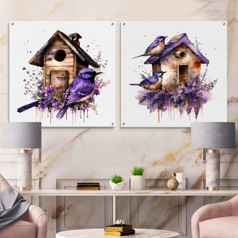Purple Lavender Birdhouse I - Bird Acrylic Wall Art Glass Set Of 2, 36" H x 73" W