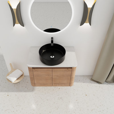 Modern Wall-Mounted Bathroom Vanity With Ceramic Art Sink & 2-Soft-Close Door