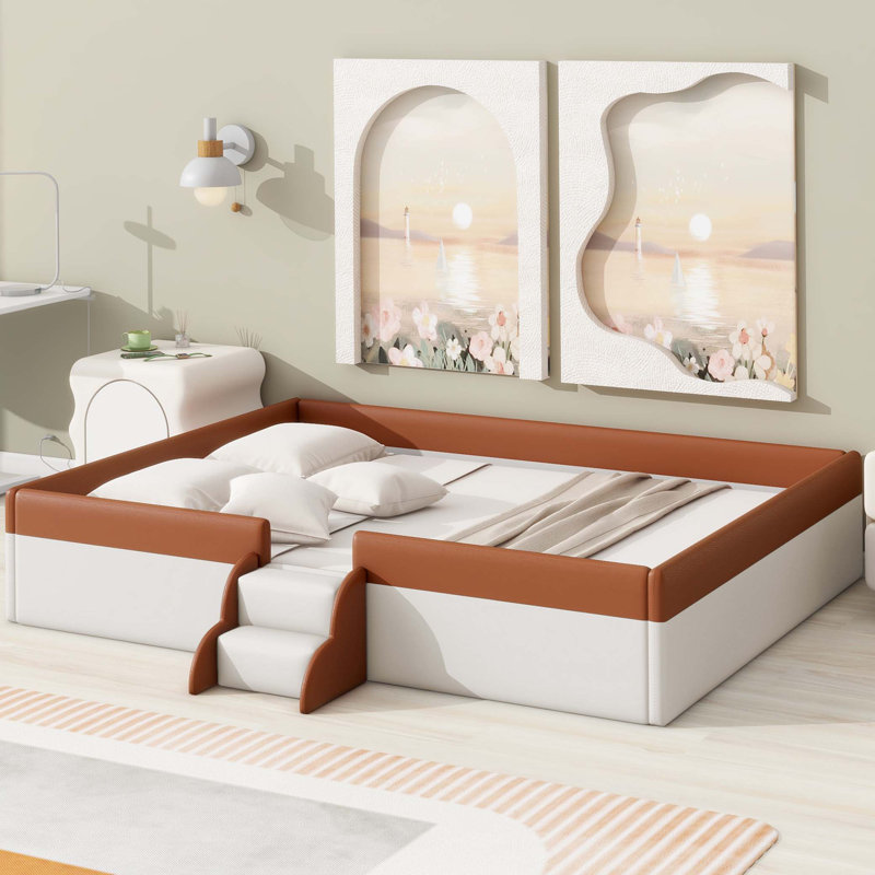Tamaj Upholstered Daybed Frame with Fence and Stairs, Queen, White/Brown