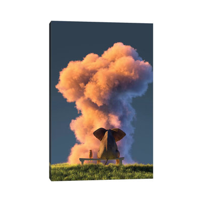 Elephant And Dog Look At The Big Pink Cloud II by Mike Kiev - Wrapped Canvas Print