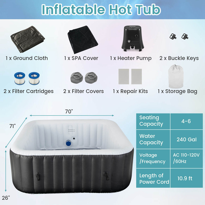 Costway 71" Inflatable Hot Tub With 130 Air Jets Electric Heater Pump Filter Cartridges