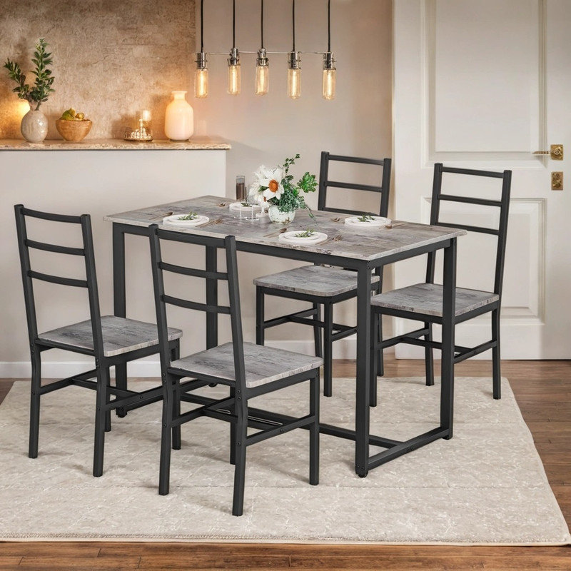 Ensemble repas 5 pièces avec dossiers profilés, table peu encombrante et sièges confortables, Gris / Noir
