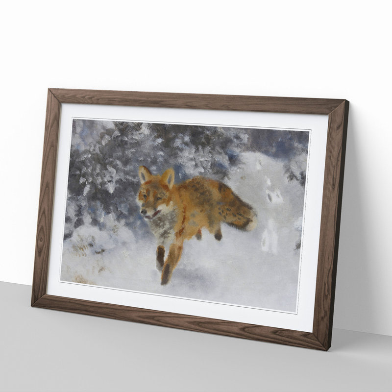 Fox in the Snow Vol.3 by Bruno Liljefors - Picture Frame Painting, 48cm H x 65cm W x 2cm D, Walnut Framed