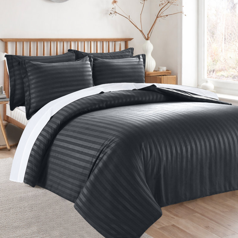 Microfiber 250 TC Reversible Stripe Duvet Cover Set with Pillowcases, Black, Double Duvet Cover + 2 Standard Pillowcases