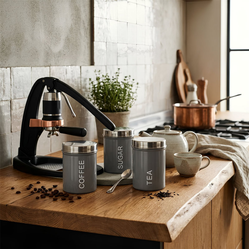 Harbour Housewares - Round Metal Kitchen Tea Coffee Sugar Canisters, Grey