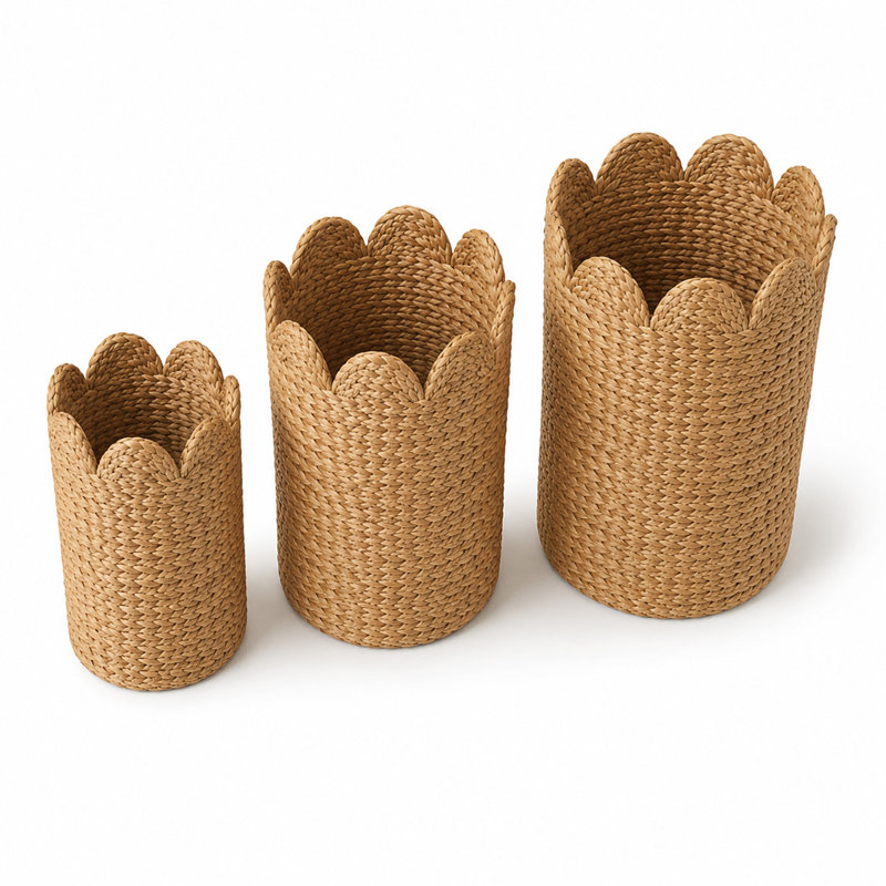 Cole and Grey Seagrass Handmade Woven Brown Decorative and Functional Storage Basket with Wavy Edges Set