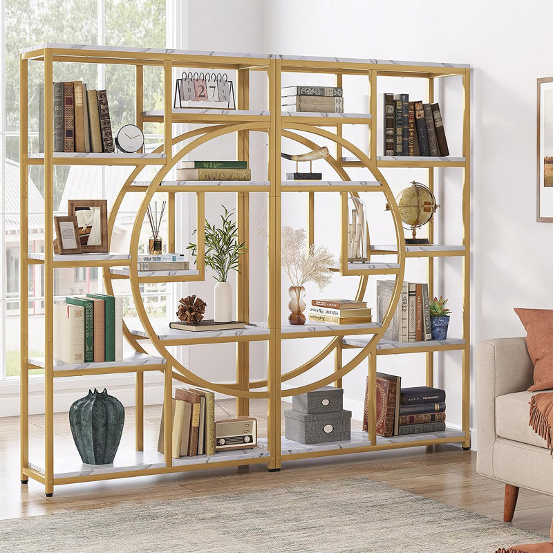 5-Tier White & Gold Corner Etagere Bookshelf With 9 Open Shelves Storage Organizer, White/Gold