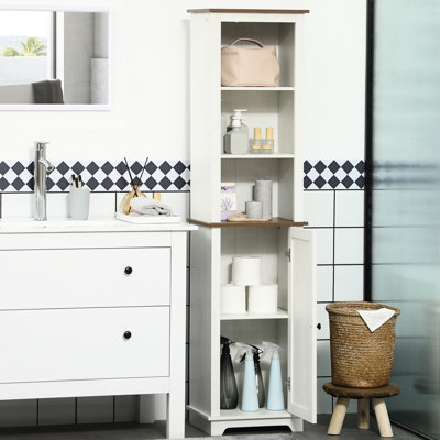 Armoire de rangement mince pour salle de bain avec trois tablettes ouvertes et placard, tour de lin autoportante en bois, grande armoire de rangement avec porte et tablette réglable, blanc