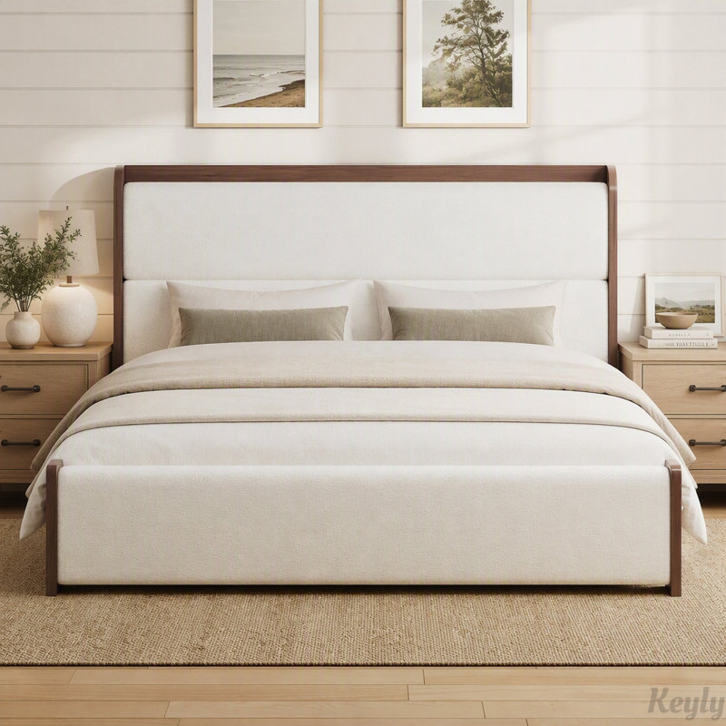 Lit plateforme en bois massif avec tête et pied de lit capitonnés en tissu bouclé, King, Brown