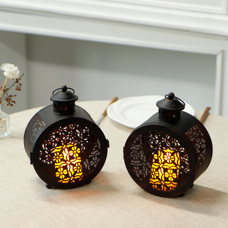 Ensemble de 2 lanternes rondes en métal 7,5 "H, Noir