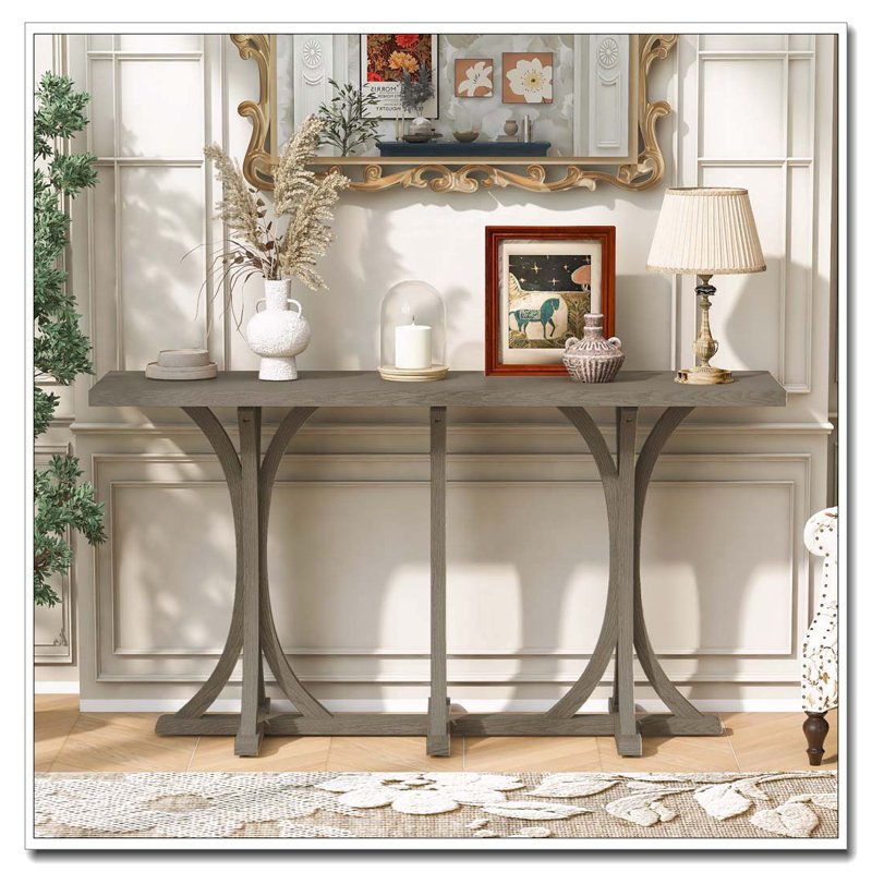 Console en bois 59,8 po avec plateau en placage de chêne, table d'entrée de ferme avec pieds courbés minces en bois d'hévéa