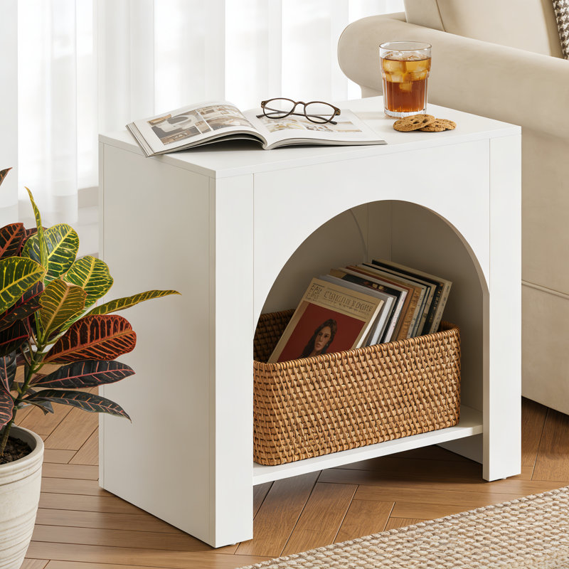 Table d'appoint à 2 niveaux en bois avec design arqué innovant, Blanc