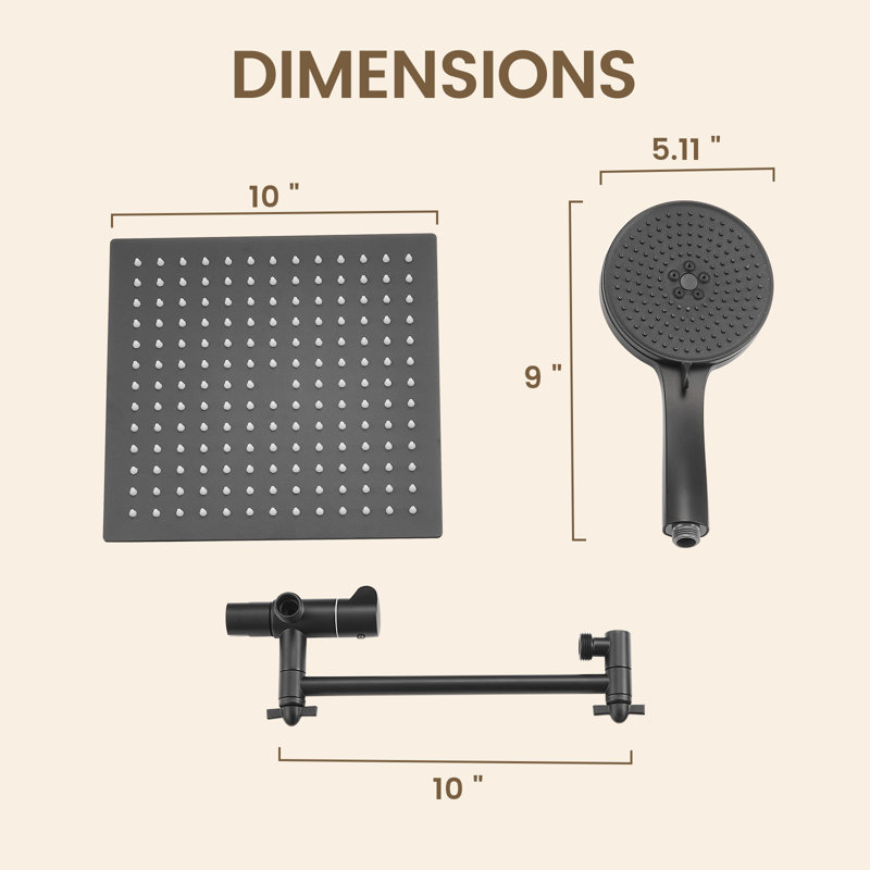 Pomme de douche réglable double avec pomme de douche à pluie de 10 pouces et 5 jets à main noir mat, Noir mat
