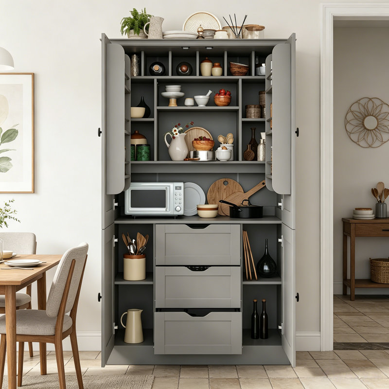 Armoire de rangement pour garde-manger de 71 po de hauteur avec 4 portes, 3 tiroirs, 6 porte-bouteilles et tablettes amovibles, armoire de cuisine autoportante