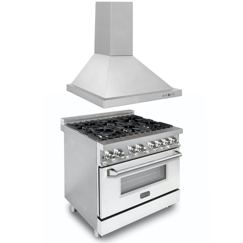 2 Piece Kitchen Package with 36" Freestanding Dual Fuel Range & 36" Wall Mount Range Hood, White Matte