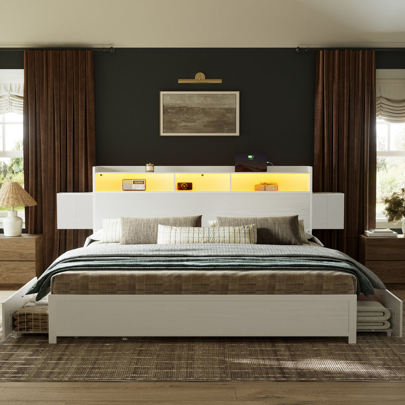 Livia King Bed Frame with 2 Underbed Drawers, Modern Platform Bed with Charging Station & LED Light, Storage Headboard with 2 Bedside Drawers & Open Bookcase Shelves, White