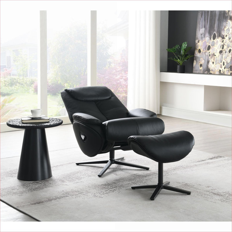  Genuine Leather Luxury Swivel Accent Chair and Ottoman, Sleek Black Reclining Seating