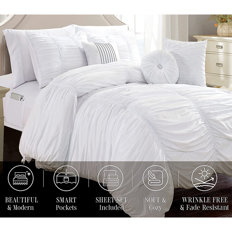 Modern Comforter, Queen Comforter + 10 Standard Pillowcases, White