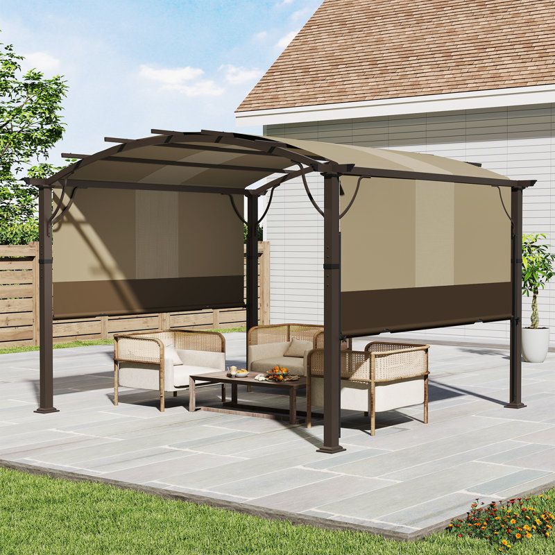 Pergola en aluminium avec auvent, Auvent brun / cadre brun, H 91,30 po x l 139,80 po x P 139,80 po