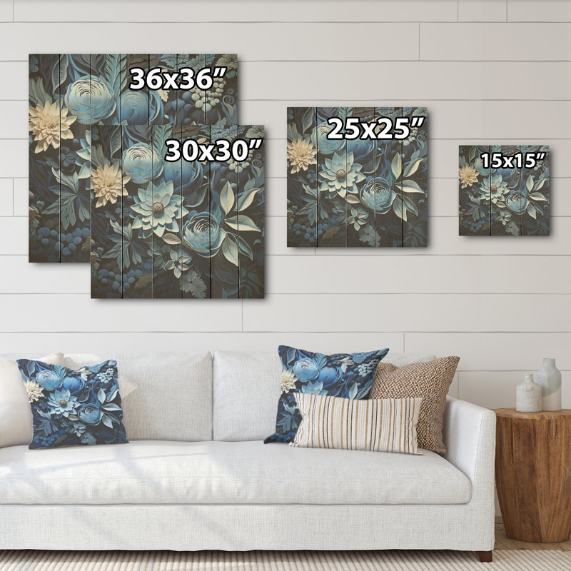 Fleurs bleues délices artisanaux - Art sur bois de pin naturel, H 36 po x l 36 po