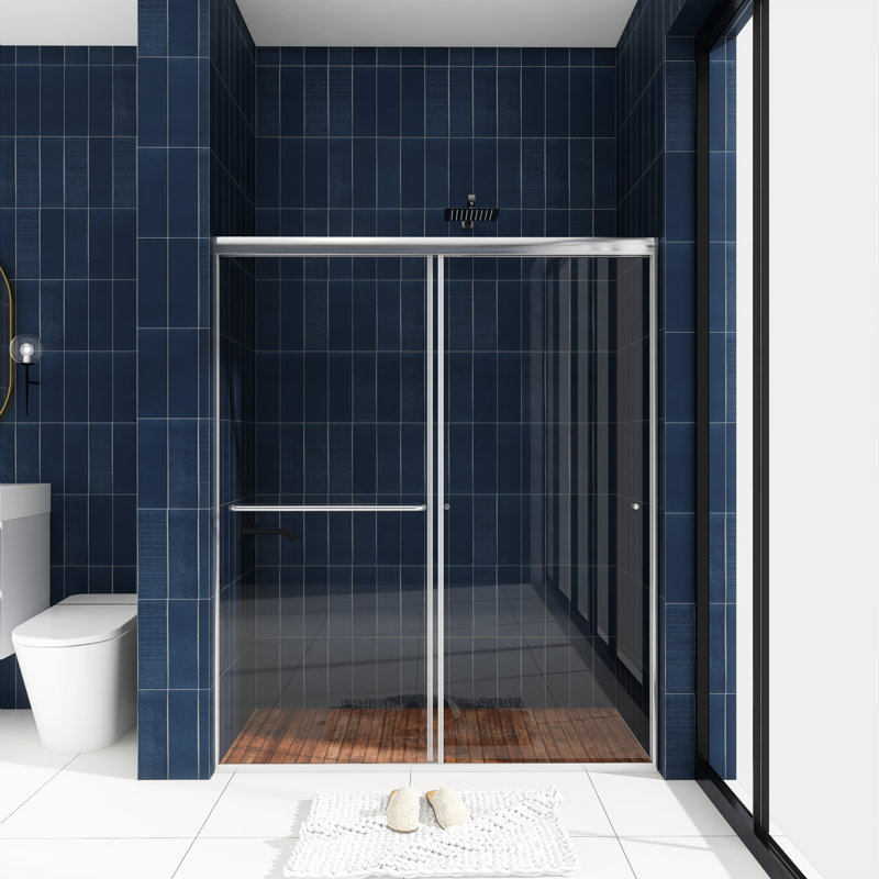 Porte de baignoire coulissante double encadrée l 60 po x H 72 po, Nickel, L 54 po