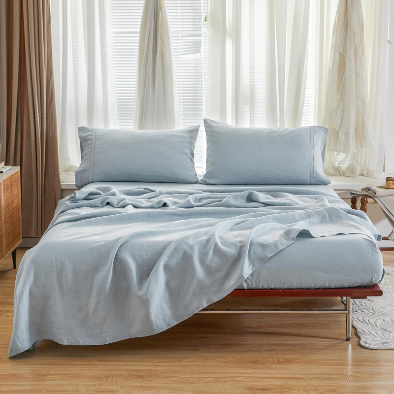 100% French Linen Sheet Set Breathable Durable For Hot Sleepers Bedding 4 Pcs - 1 Flat Sheet,1 Fitted Sheet,2 Pillowcases