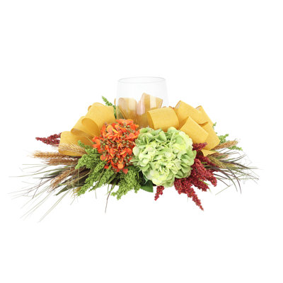 Fall Candleholder Centerpiece with Hydrangeas, Wheat and Pinecones