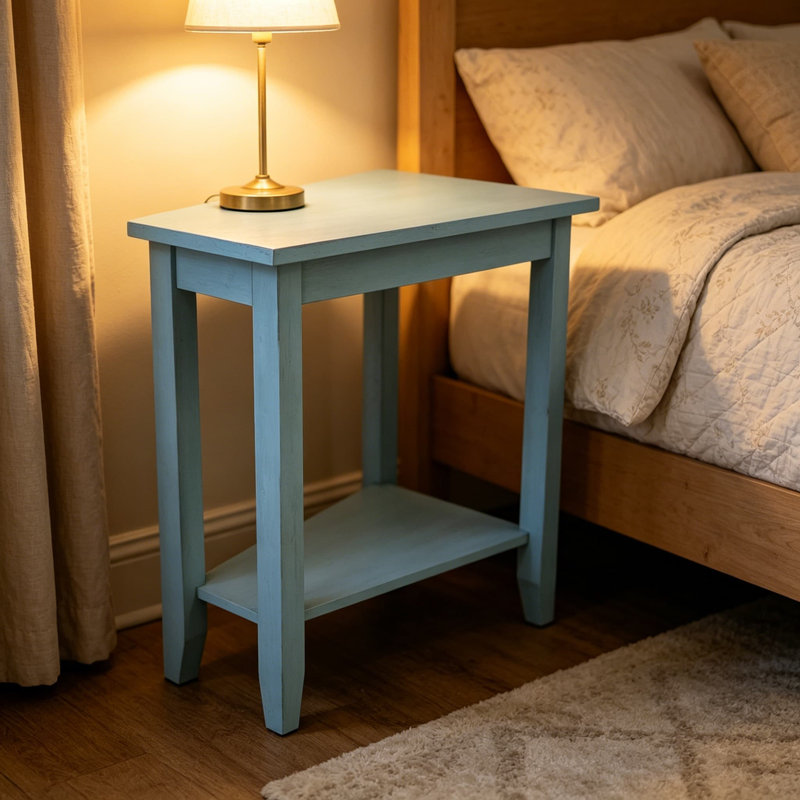 Table d'appoint en Parawood massif avec surface de bloc de boucher et tablette inférieure, finition bleu océan antique