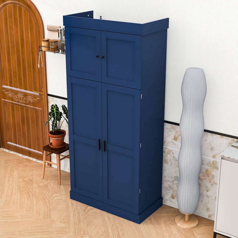 Armoire de cuisine avec tablettes réglables, 3 tiroirs, supports à vin et tablettes de porte, Bleu