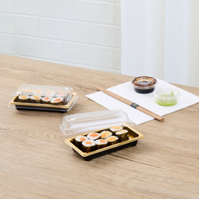 Restaurantware Plastic Sushi Trays 100 Pack of 5.3 x 3.15 x 1.57 Inch With Clear Lids Leak-Resistant Sushi Take Out Boxes Stackable Containers For Grab-And-Go