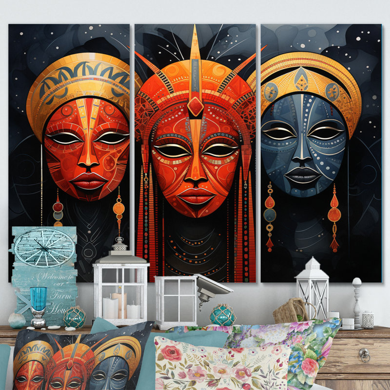 «Red African Masks II» sur toile, reproduction de 3 pièces, H 40 po x l 60 po x P 1 po