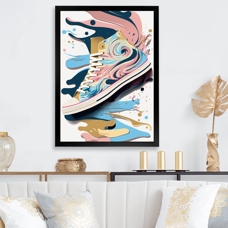 Chaussure rose et bleue Deco Sneaker - impression sur toile, Impression noire sur toile encadrée