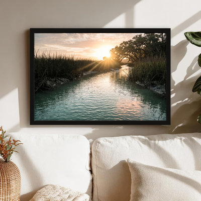 Art mural sur toile noir encadré pour le salon, la chambre à coucher, le bureau ou le vestibule - décoration murale décorative avec rivière Sunset