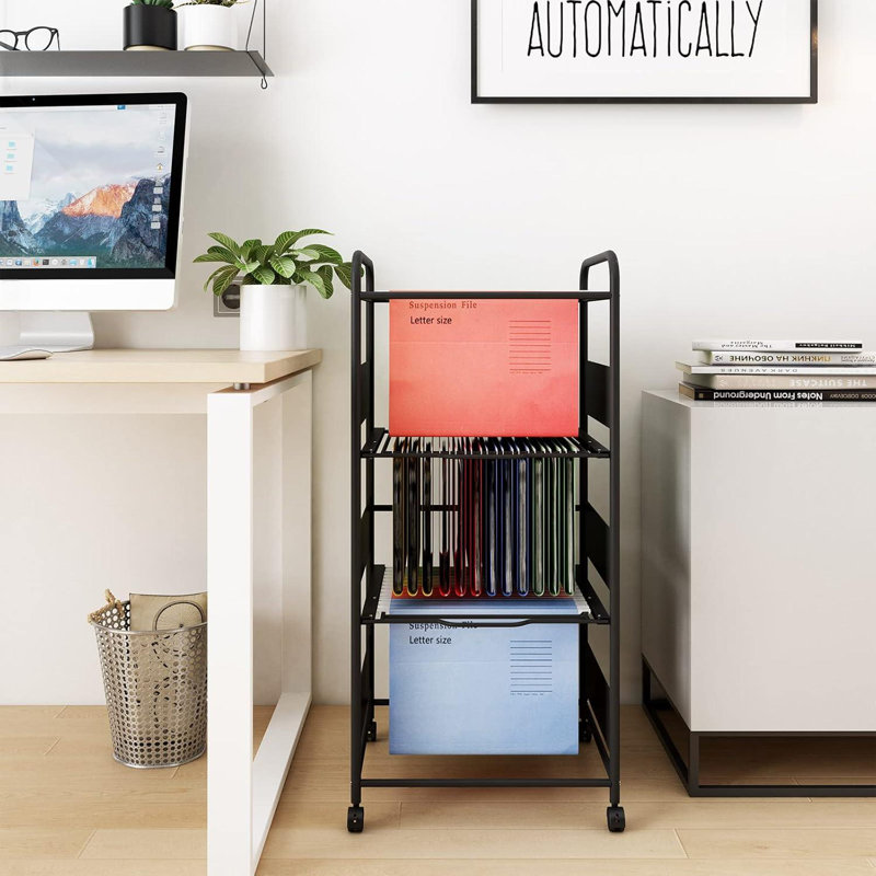 3 Tiers Metal Rolling File Carts With Wheels Hanging Files For Letter Size Movable Pull-Out File Folder Rack Drawer File Cabinet For Home Office