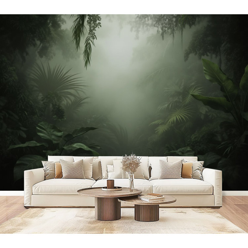 Papier peint adhésif pelez et collez Misty Tropical Jungle Green, L 96 po x l 69 po