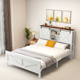 Farmhouse Platform Storage Bed with Bookcase Headboard and Built-In Charging Station