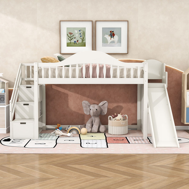 Lit mezzanine avec escalier de rangement, glissade et garde-robe intégrée, Twin, Beige