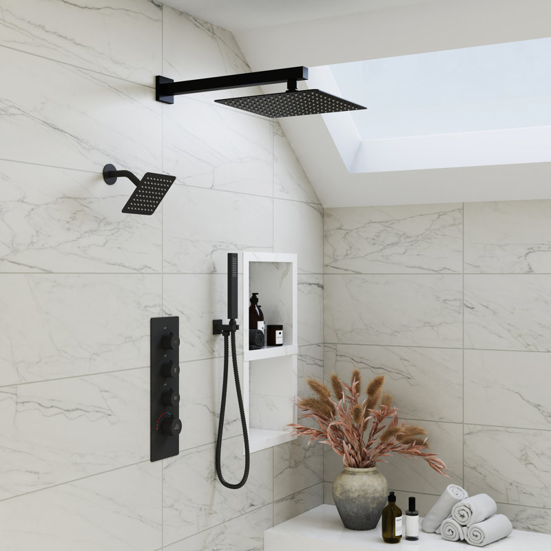 Regen Dual Shower Heads 3-Function Wall-Mounted Thermostatic Shower System With Handheld And Rough-In Valve, Matte Black