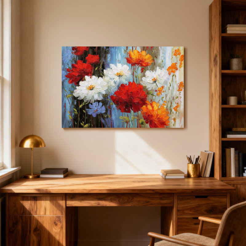 Plantes et fleurs, fleurs colorées sur toile, H 24 po x l 36 po