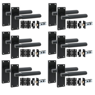 Golden Grace 6 Pair Victorian T-Bar Knurled Door Handle Matte Black Finish with Ball Bearing Hinges and Latches - 120 x 40mm