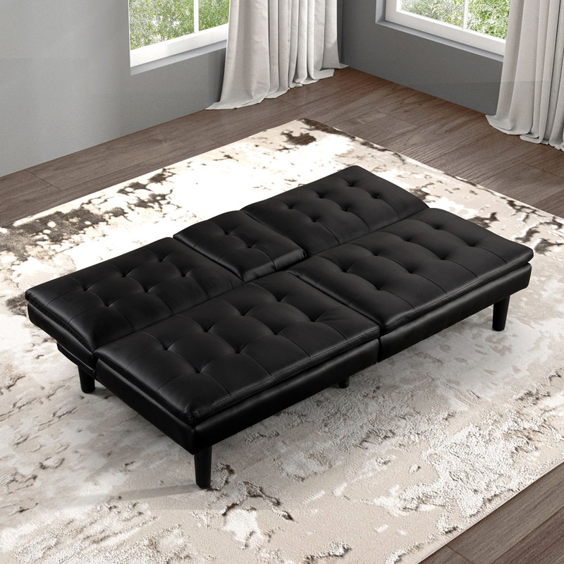 Black Futon Bed Of Contemporary Design, Upholstery, Biscuit Tufting, Ports, Drop - Down Table With Cup Holders, 32"h Height, 2 Seat Featuring Height