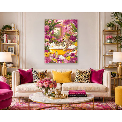 Pink Tropical Cheetah Canvas Wall Art, Colorful Jungle Animal Bathroom Wall Decor, Modern Maximalist Wrapped Canvas