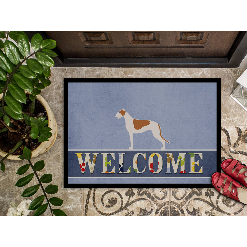 Tapis de porte pour l’extérieur antidérapant lévrier welcome, Bleu / Jaune