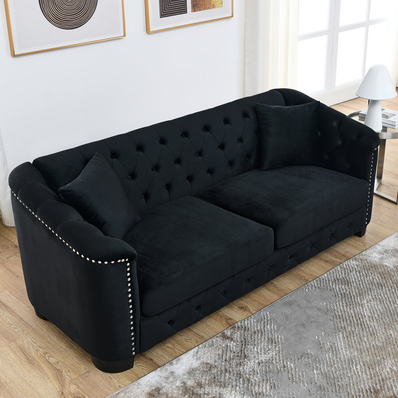 77 pouces rembourrés avec 2 coussins et garniture cloutée pour le bureau, le salon - noir, assise ergonomique douce