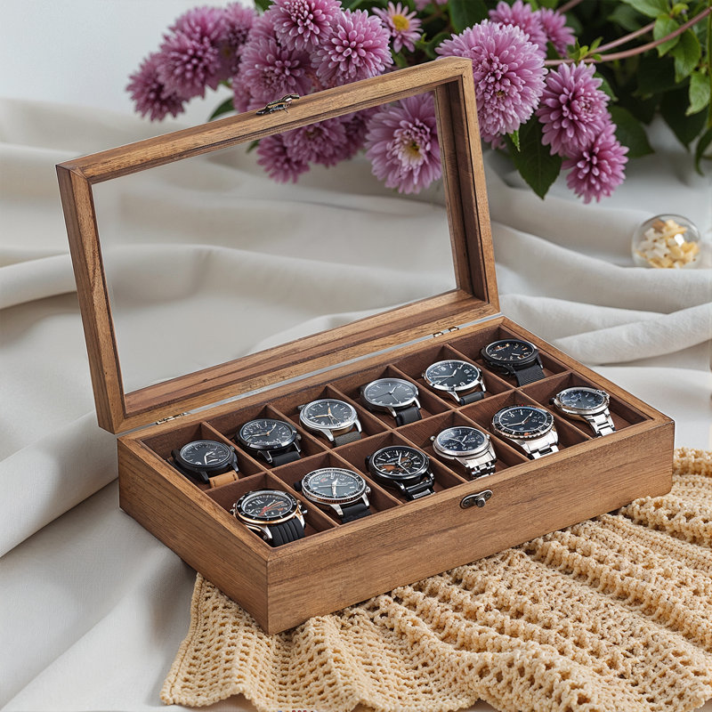 Watch Box, 12-Slot Solid Wood Watch Case Organizer With Glass Lid, Display Case With Removable Pillows, Gift For Loved Ones