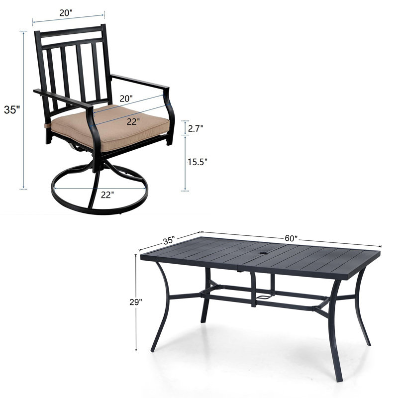 Ensemble de salle à manger de patio rectangulaire en métal pour 6 personnes avec parasol et coussins Aivo