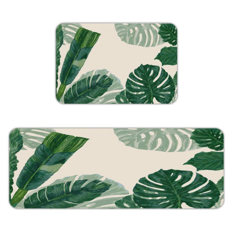 Tropical Plant Texture, Kitchen Mats Set Of 2, Green/Beige Floral