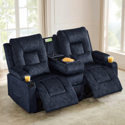 Manual Reclining Loveseat Sofa With Flip-Top Center Console, Charging Ports, Bluetooth Speakers And Cup Holders by Latitude Run